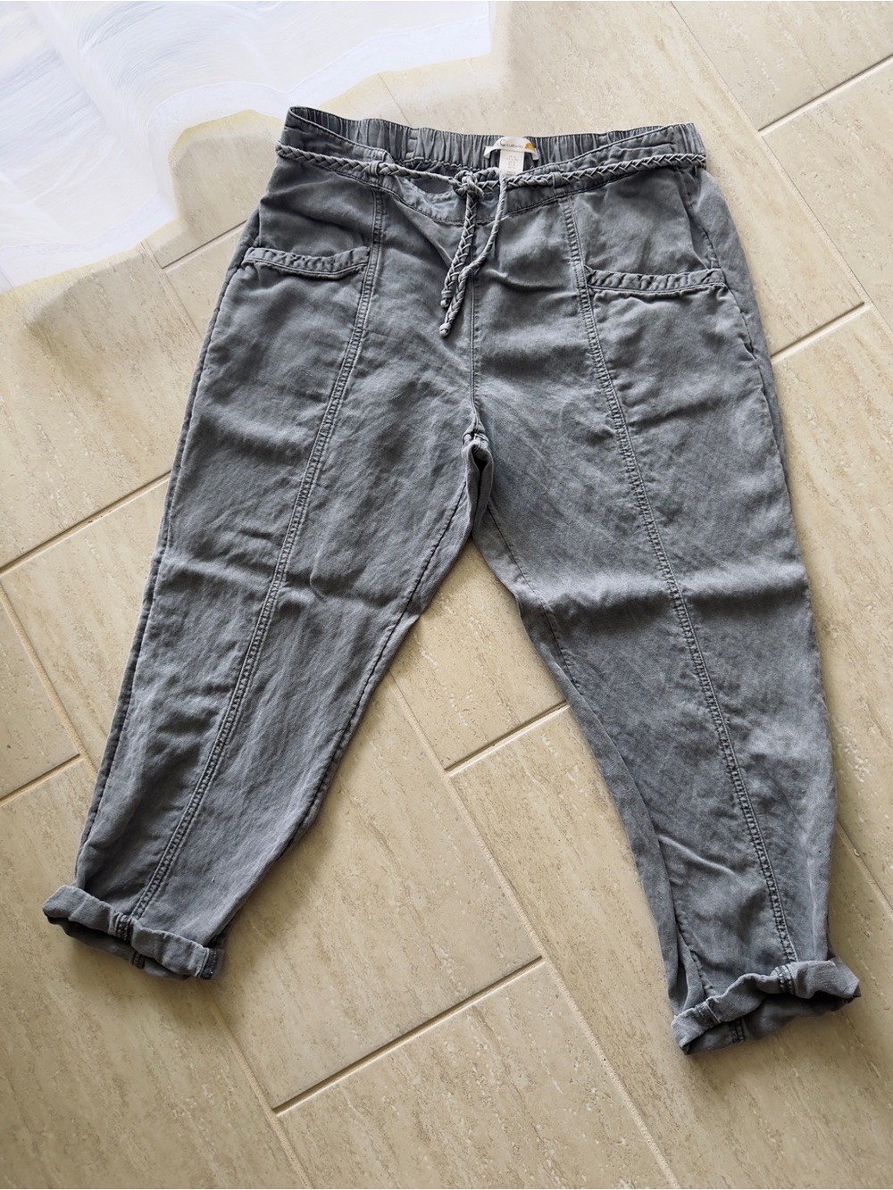 C&C California Washed Linen Charcoal Boyfriend Drawstring Pants